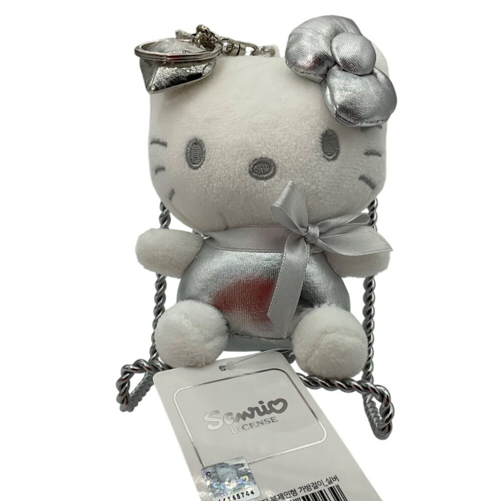 New Korean Hello Kitty Sanrio Plush Keychain Silver Metallic Bag Charm 5"